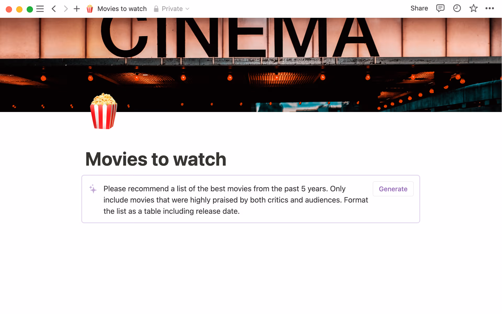 Plan your next movie night using Notion AI.