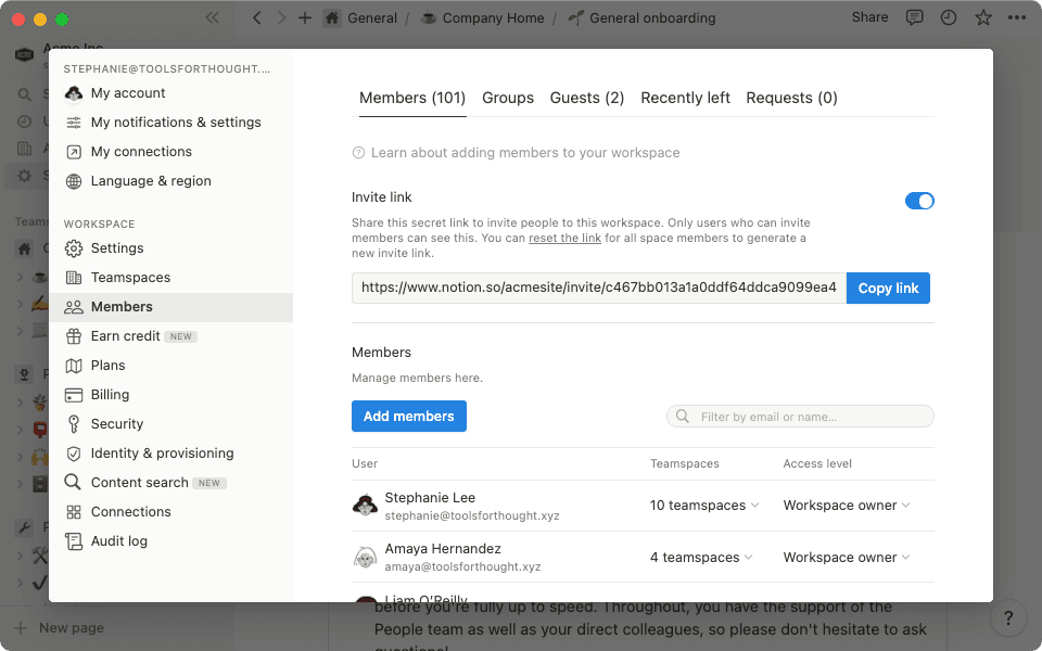 Settings & members enterprise