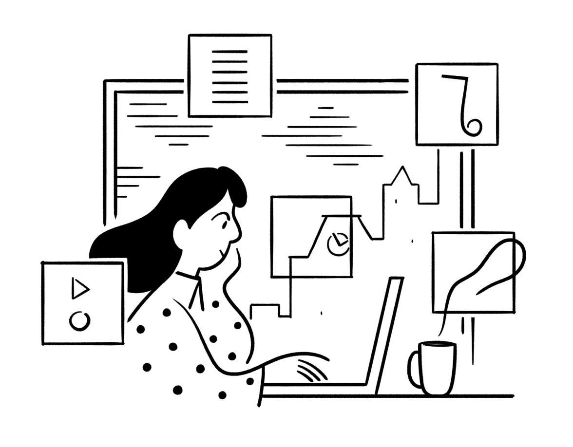 Woman on laptop with coffee and city skyline