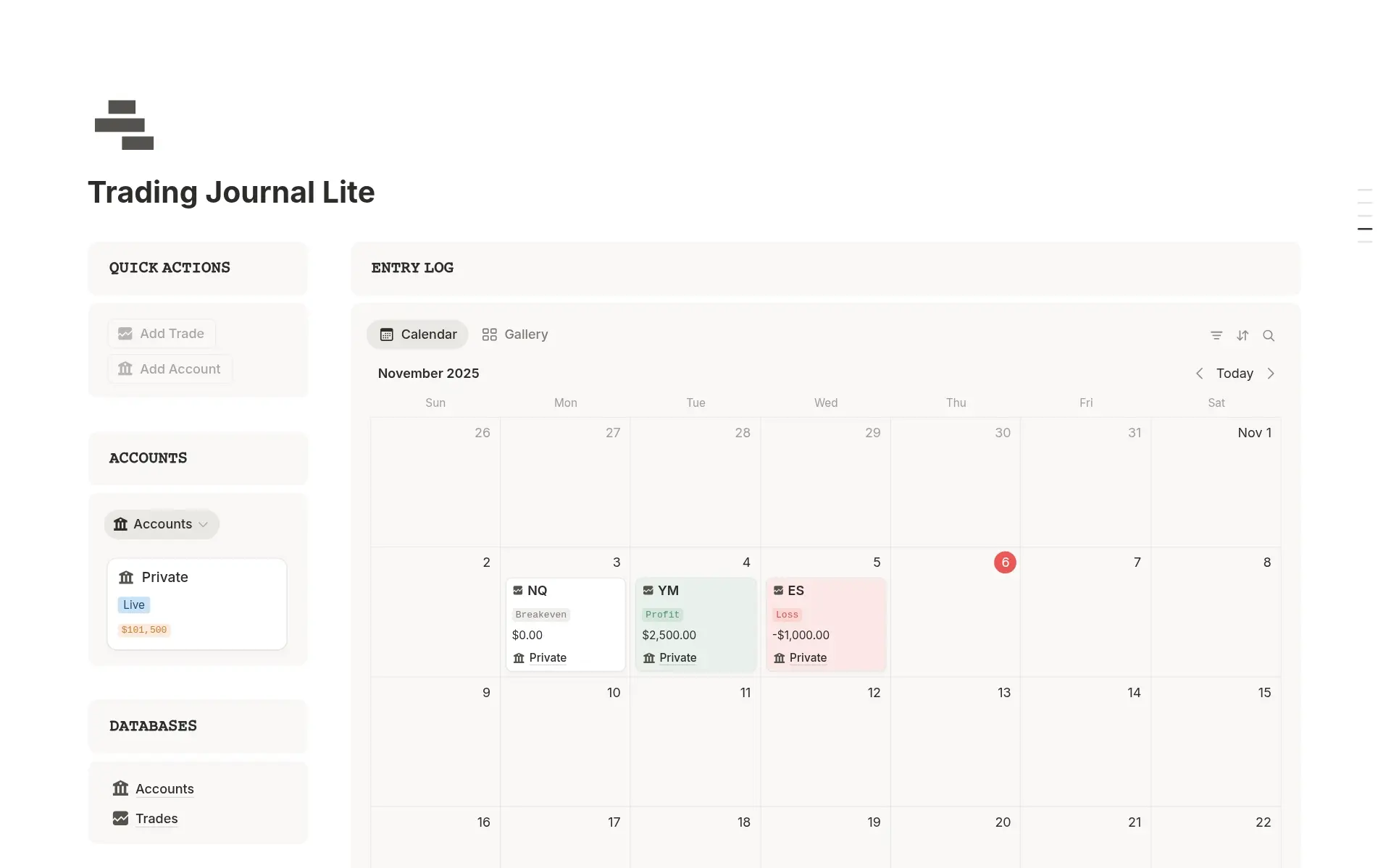 Screenshot of Track every trade collection by Notion